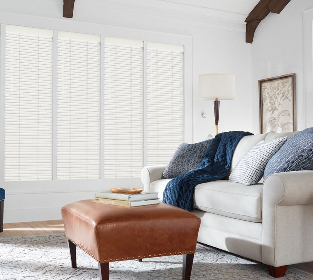 Wood blinds in a bright living room